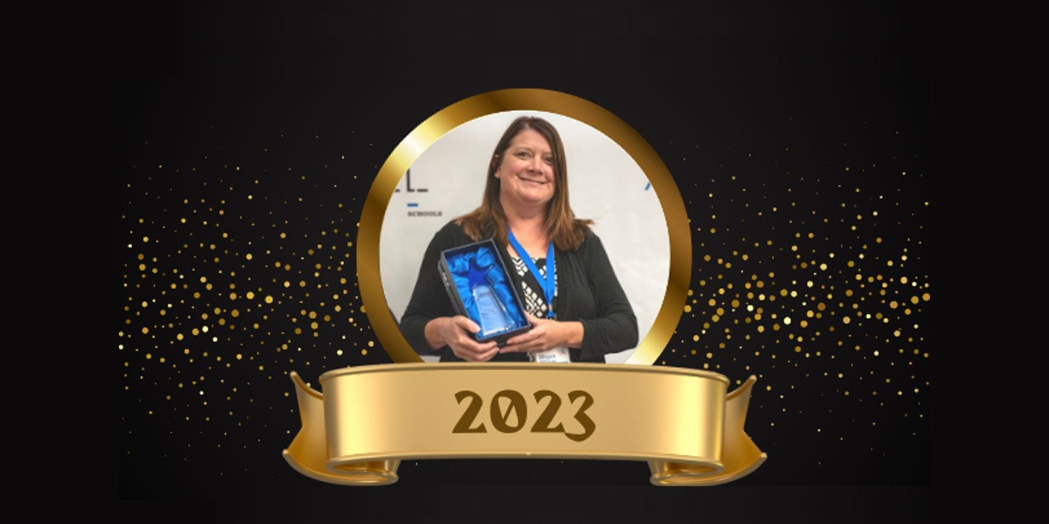 Adult holding an award in a celebratory graphic with gold confetti.